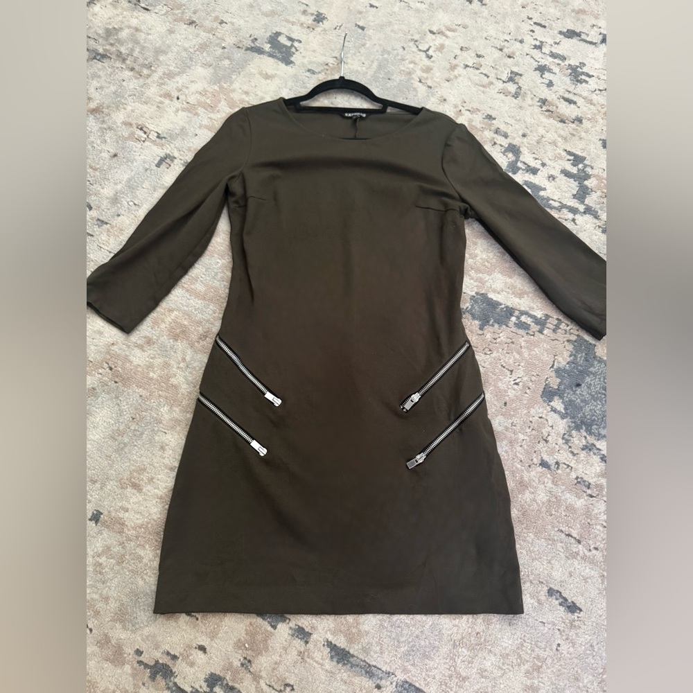 Express Olive Green Long Sleeve Dress with Zipper Accents Size Medium